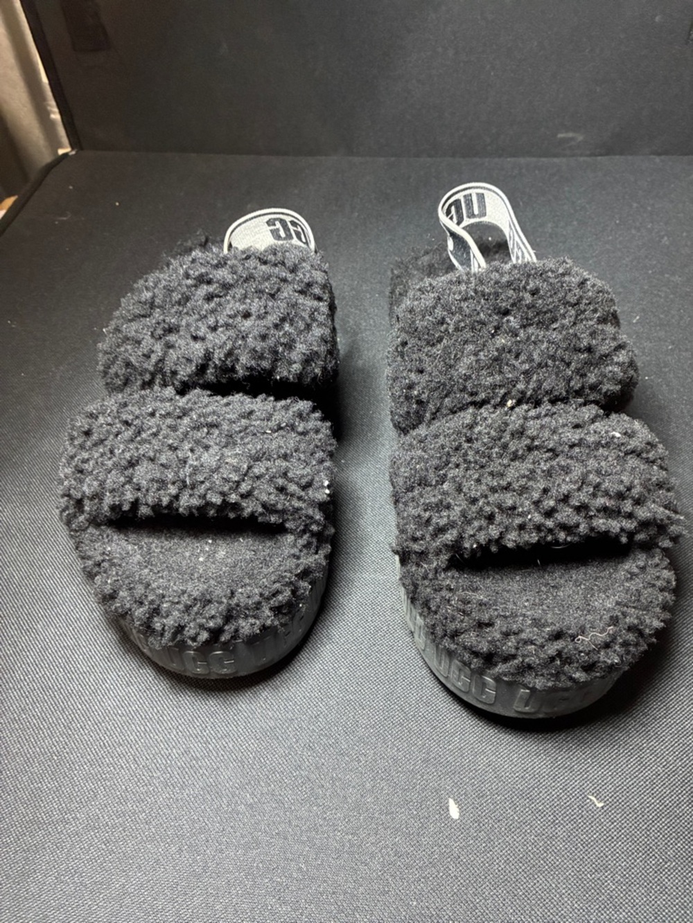 Women Black Fuzzy Slide Sandals UGG USED